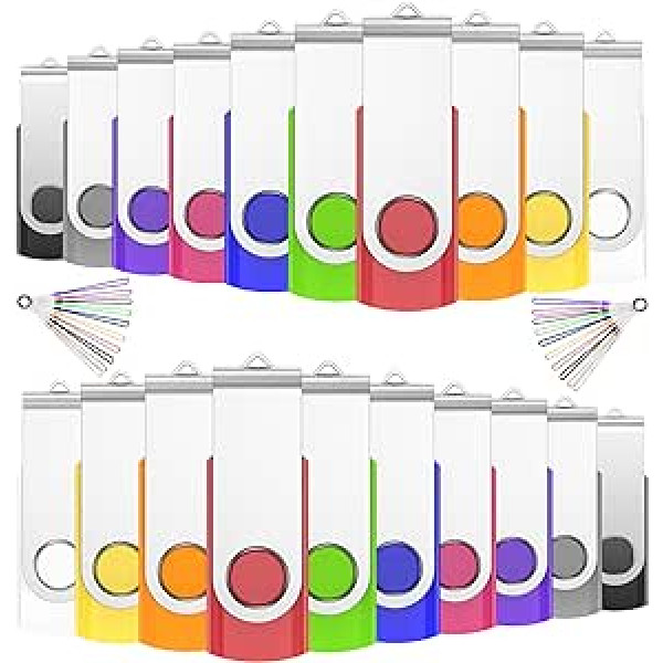 JIUSHARK USB Sticks, 2 GB, Pack of 20, USB Memory Stick, 2 GB Mini USB Stick Key Ring, 20 Pieces Memory Stick USB Set Pendrive 2.0 (Multi-Colour)