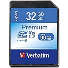 Verbatim Premium U1 SDHC Speicherkarte, 32 GB, SD Karte für Full HD Videoaufnahmen, Karte mit integriertem Schreibschutz, Speicherkarte schwarz, SD Speicherkarte für ua. Kamera und PC