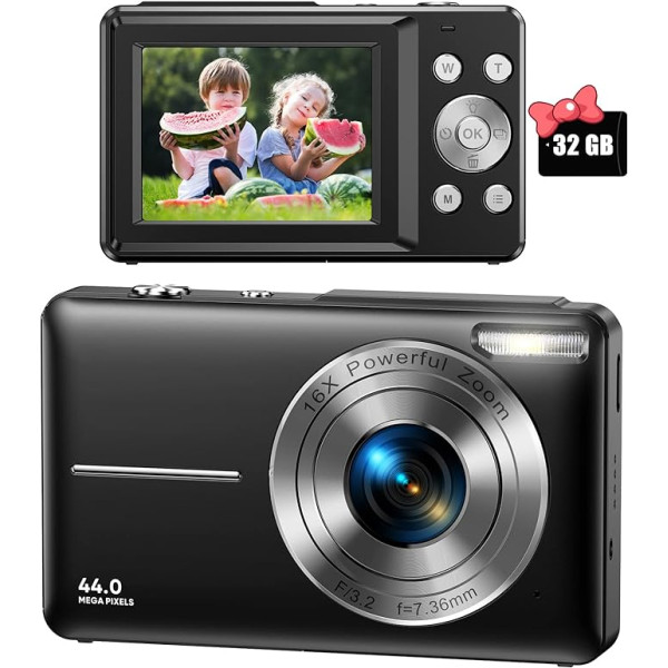 Digitālā kamera 44MP 1080P HD fotokamera ar 32GB karti, kompakta kamera 16X digitālā tālummaiņa ar 2 uzlādējamām baterijām, kamera bērniem, pusaudžiem, iesācējiem, zēniem, meitenēm (melna)