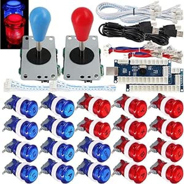 SJ@JX 2 Player Arcade Game Stick DIY Kit Buttons with Logo LED 8 Way Joystick USB Encoder Cable Controller for PC MAME Raspberry Pi Red Blue