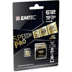 Emtec - UHS-I U3 V30 A1-512 GB, 256 GB - ECMSDM256GXC10SP - Speedin sērija - ar adapteri - lasīšanas un rakstīšanas ātrums līdz 100 MB/s, 100 MB/s, melns/zelts