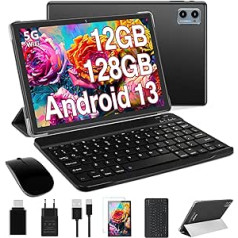 Oangcc 2023 jaunākais planšetdators 10 collu Android 13 OS, 12GB RAM + 128GB ROM (TF 1TB), 5G+2.4G WiFi | 2,0 GHz 8 kodolu | 5+8MP | BT 5.0 | AGPS | 6000 mAh | Logrīki | GMS sertificēti planšetdatori ar tastatūru - melni