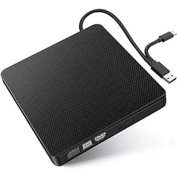 Pārnēsājams ārējais DVD diskdzinis, 2 vienā USB 3.0 un Type-C CD/DVD-RW ierakstītājs Optiskais CD ierakstītājs, kas saderīgs ar MacBook, Dell XPS, Surface Book, ASUS Zenbook (melns)