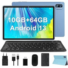 YESTEL Android 13 planšetdators 10 collu 10 GB RAM 64 GB ROM TF 1 TB WiFi planšetdators ar korpusu, tastatūras pele BT5.0 8000 mAh 13 MP + 5 MP kameras sejas ID HD planšetdators, plāns un gaiši zils