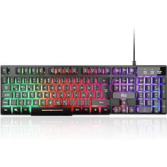 Rii spēļu tastatūra PC, PS4 tastatūra USB, varavīksnes apgaismojuma tastatūra LED, spēļu tastatūra ideāli piemērota spēlētājiem, birojs (vācu izkārtojums)