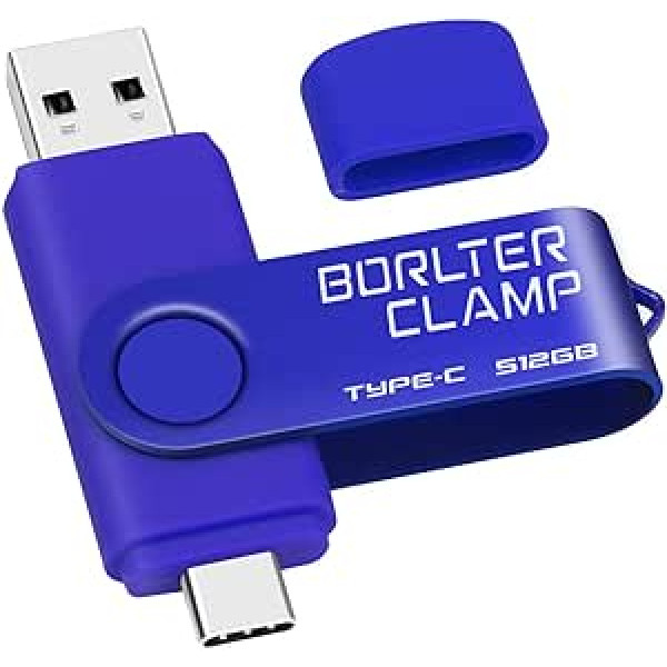 BorlterClamp Type C USB Stick 512 GB, 2 in 1 OTG Memory Stick USB 3.0 Double Port USB C zibatmiņas disks Android viedtālrunim Samsung S10/S9/S8, Huawei, planšetdatoriem un datoriem (zils)