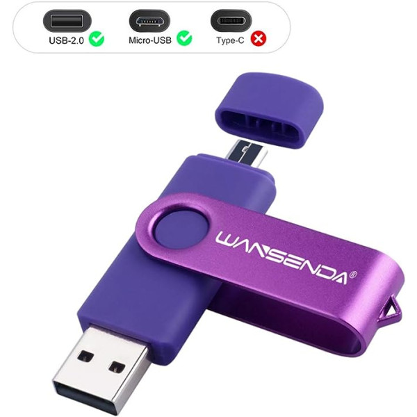 Wansenda USB zibatmiņas disks 128 GB Micro USB 2.0 Stick Memory Stick Dual Flash Drive ar mikro savienotāju Android viedtālruņu planšetdatoriem un datoriem