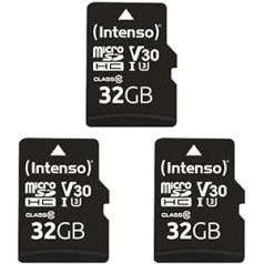 Intenso Professional microSDHC 32GB Class 10 UHS-I, U3, V30 atmiņas karte ar SD adapteri (līdz 100 MB/s), melna, iepakojumā 3