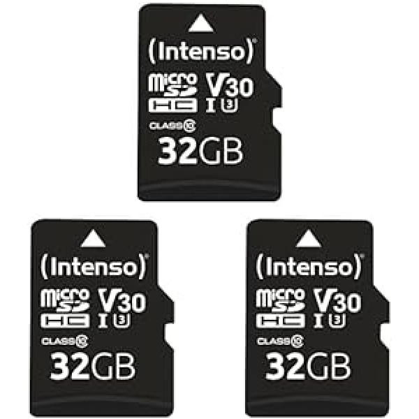 Intenso Professional microSDHC 32GB Class 10 UHS-I, U3, V30 atmiņas karte ar SD adapteri (līdz 100 MB/s), melna, iepakojumā 3