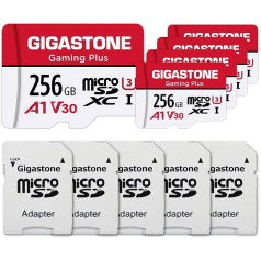 Gigastone Gaming Plus Micro SD karte 256 GB 5 pack un SD adapteris, saderīgs ar slēdzi, SD karte līdz 100/60 MB/s MicroSDXC atmiņas karte UHS-I A1 U3 V30 10. klase, 4K UHD video ierakstīšana