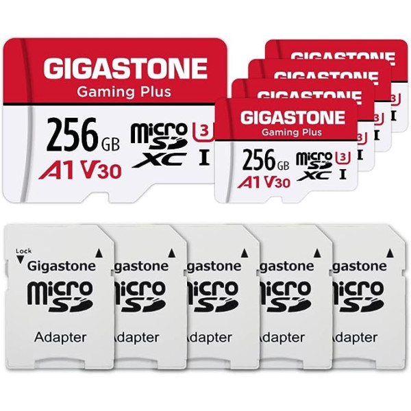 Gigastone Gaming Plus Micro SD karte 256 GB 5 pack un SD adapteris, saderīgs ar slēdzi, SD karte līdz 100/60 MB/s MicroSDXC atmiņas karte UHS-I A1 U3 V30 10. klase, 4K UHD video ierakstīšana