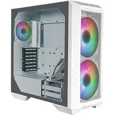 Cooler Master HAF 500 balts datora korpuss — Midi tornis ar 2 iepriekš uzstādītiem 200 mm ARGB ventilatoriem, rotējošs 120 mm GPU ventilators, daudzpusīgas dzesēšanas iespējas, rūdīta stikla sānu panelis, noņemama augšdaļa