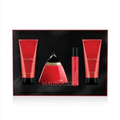 Mauboussin - Prestige 2023 sarkanā krāsā: parfumūdens 100 ml, dušas želeja 90 ml, ķermeņa pieniņš 90 ml un ceļojumu aerosols 20 ml