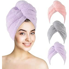 Kinhwa Microfiber Hair Drying Towel, Super Absorbent, Lightweight with Buttons, Anti-Frizz Head Towel, Twist Turban, Soft, Ideal for Curly, Thick, Long, Wet Hair, Colourful, Pack of 3