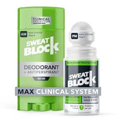 Sweatblock pretsviedru dezodorants Max klīniskā sistēma vīriešiem un sievietēm ārstē hiperhidrozi, pārmērīgu svīšanu un padušu smaku — ietver: (1) DRIBO