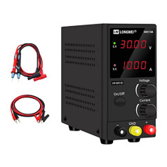 LONGWEI Laboratory Power Supply 30 V 10 A, Laboratory Power Supply (Black), DC Power Supply 4-Digit LED Display, with 4 Pieces Multimeter Cable, Adjustable Power Supply for Arduino, Electroplating