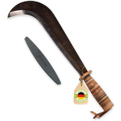 4betterdays.com Hand Forged Swiss Gertel with Leather Handle Including Free Sharpening Stone - / Sickle, Hand Crescent, Sickle Garden, Sickle Knife/Made in Germany