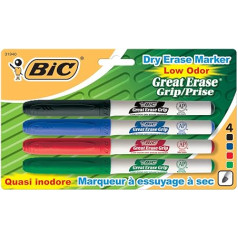 Bic Great Erase sausās dzēšanas marķieri ar zemu smaku — smalks uzgalis — melns, zils, sarkans un zaļš (4 papakojumā)