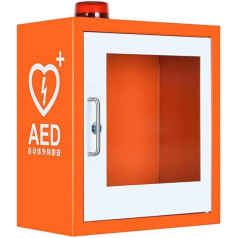 AED defibrilatora glabāšanas skapis, pie sienas piestiprināms kardioloģiskās pirmās palīdzības defibrilācijas trauksmes kaste ar atslēgu un signalizāciju, der lielākajai daļai AED modeļu, kas paredzēti barošanai