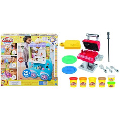 Play-Doh Kitchen Creations lieli saldējuma ratiņi, rotaļu komplekts ar 27 piederumiem un Kitchen Creations bārbekjū stacijas rotaļu komplekts bērniem no 3 gadu vecuma ar 6 krāsām un 7 piederumiem, daudzkrāsains