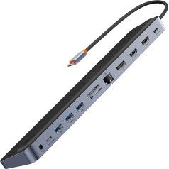 12in1 HUB piezīmjdatora statīvs USB-C USB-A DP HDMI SD TF RJ45 3,5 mm ligzda PD 100 W pelēks