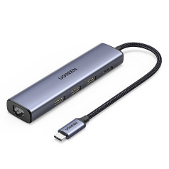 5in1 adaptera pārveidotājs HUB USB-C — 3x USB 3.0 HDMI RJ45 pelēks