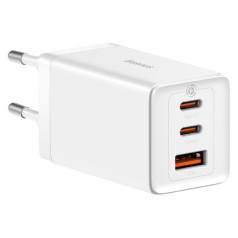 GaN ātrais lādētājs 2x USB-C USB 65W + USB-C kabelis balts