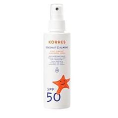 Korres kokosriekstu un mandeļu saules aerosols SPF 50 saules aizsardzība bērniem ar šī sviestu un saldo mandeļu eļļu, bez OMC un oktokrilēna, piemērots jutīgai ādai 150 ml