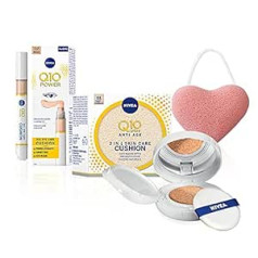 Nivea Q10 Plus pretgrumbu ādas kopšana Foundinta spilvenu krēms krāsains pretnovecošanās 01 viegls vidējs 15 ml un acu kopšanas spilvens korektors tumši loki 02 nude 5 ml dāvanu komplekts ar Nivea Soft Mini 25 ml bezmaksas