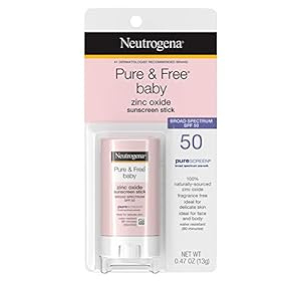 Neutrogena Pure & Free Mineral sauļošanās līdzeklis zīdaiņiem ar plaša spektra SPF 50 un cinka oksīdu, ūdens izturīgs, hipoalerģisks, parabēniem, krāsvielām un PABA nesaturošs zīdaiņu sejas un ķermeņa sauļošanās līdzeklis, 0,47 unce