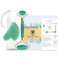 Sodacoda Gua Sha Set - Traditional Chinese Beauty Face Massage - Semi-Precious Stone Scraper and Roller - Aventurine from India