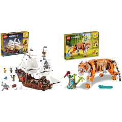 LEGO 31109 Creator 3-in-1 pirātu kuģis un 31129 Creator Majestic Tiger, Panda vai Fish, 3-in-1 dzīvnieku figūru komplekts, rotaļlieta bērniem, celtniecības rotaļlieta ar dzīvniekiem