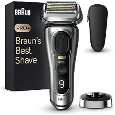 Braun Series 9 Pro+ vīriešu elektriskais skuveklis ar 5 profesionāliem skūšanās elementiem, garo matu griezējs ProTrimmer, uzlādes stacija, 60 minūšu darbības laiks, mitrā un sausā veidā, dāvanu vīrietis, ražots Vācijā, 9517s, sudrabs