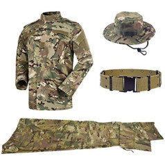 qhiu Tactical Uniforms Men's Jacket & Trousers Sets with Belt & Boonie Hat Military Combat BDU Camo for Airsoft Paintball SWAT Camping Outdoor Sports