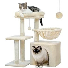 PAWZ Road Small Cat Scratching Post, 28.3 Inch Cat Tower, 2 Types Cat Activity Tree with Cat Scratching Posts, Large Hammock Beige