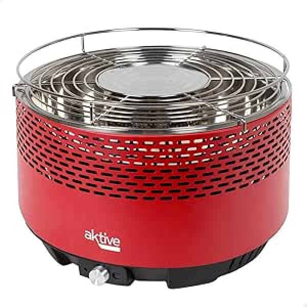 Aktive 63003 Portable Charcoal Barbecue, Rechargeable, Smokeless, Red, Drip Protection, Includes Carry Bag, Baking on the Inside, Cooking Grate, Dimensions Diameter 34 x 21.5 cm