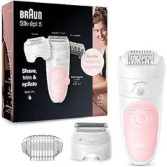 Braun Silk-épil 5 epilators sievietēm ar skūšanās un trimera stiprinājumu maigai matu noņemšanai, mitrai un sausai epilācijai, augstas frekvences masāžas uzgalis, neslīdošs rokturis, balts/rozā