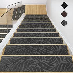 GOYLSER kāpņu paklāji koka kāpnēm, neslīdošas kāpnes, paklāja pakāpieni, filca pašlīmējošie kāpņu paklāji iekšpusē, iepakojumā 15, 76 x 20 cm, pelēka banāna lapa