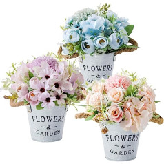 HOTLIKE Artificial Plants with Pot, 3 Pieces Artificial Flowers, Plants Artificial Flowers Decoration, Colourful and Decorative Fake Flower for Table Decoration, Wedding, Office, Living Room, Balcony,