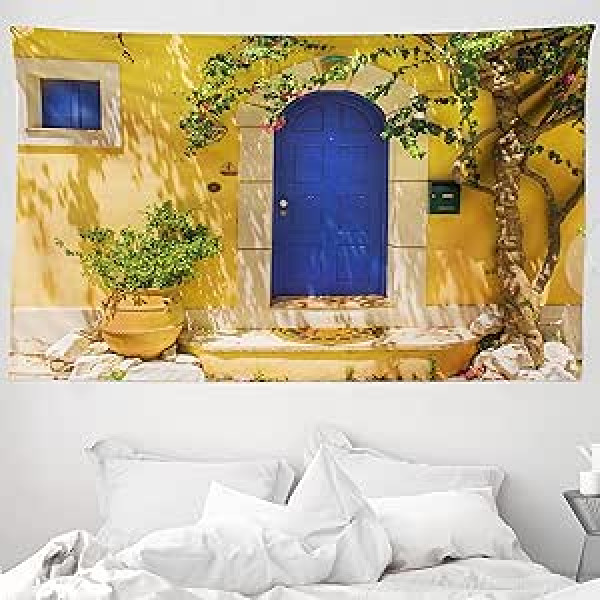 ABAKUHAUS dzeltens un zils gobelēns un gultas pārklājs, grieķu māja, izgatavota no mīksta mikrošķiedras auduma, mazgājama bez izbalēšanas, digitālā druka, 230 x 140 cm, zila dzeltena