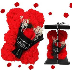 DASIAUTOEM rožu lāča dāvanu kastīte un bantīte, bezgalības ziedu lācis ar roku pušķi, mūžīgā roze unikālām dāvanām draudzene, mātes jubileja, kāzas, dzimšanas dienas dāvanas (sarkans)
