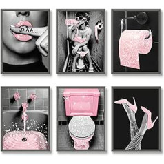 Formist bezrāmju rozā modes sienas mākslas vannas istabas dekoru izdruku komplekts ar 6 rozā audekla plakātu attēliem fotoattēliem vannas istabas mākslas darbiem (modes sienas māksla, 8 x 12 collas (20 x 30 cm) x 6)
