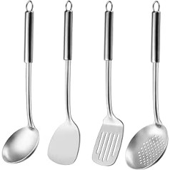 Pleafind Cooking Utensils, 4-Piece Cooking Utensils Set, 304 Stainless Steel Cooking Spoon Set with Soup Ladle, Slotted Spoon, Slotted Turner, Solid Wok Spatula, Kitchen Utensil Set