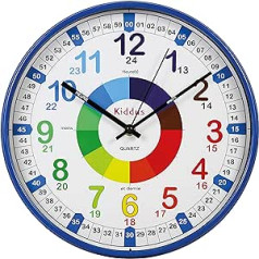 Kiddus bērnu sienas pulkstenis Analogā laika skolotājs ar laika apguves vingrinājumiem Klusais pulkstenis Daudzas valodas Français XL Bleu