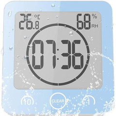 ALLOMN Bathroom Clock, LCD Digital Shower Alarm Clock, Waterproof Touch Control, Temperature Humidity, Countdown Timer, 3 Mounting Methods, Battery Power (Blue)