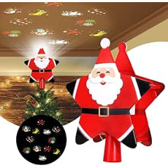 Coikes Ziemassvētku eglītes gaismeklis Santa Star Tree Topper Light ar 6 formu rotējošu projektoru, 3D Ziemassvētku eglīšu projektora gaismas Ziemassvētku eglīšu rotājumiem ballītes Jaungada rotājumi