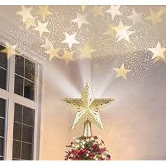 Christmas Tree Topper, 3D Rotation Christmas Tree, Christmas Lighting + 10 m Bead Chain with Lamp, LED Projector in Star Shape for Decoration, Tree Decoration for Indoor and Outdoor Use, Gold