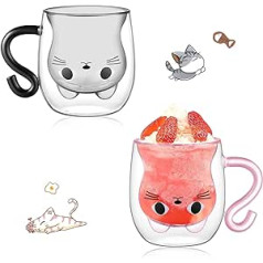 2 x Glass Cups with Black and Pink Cat, Latte Macchiato Glasses, Coffee Cup, Tea Cup with Handle, Double-Walled, Birthday Gift Ideas for Women, Cat Lovers