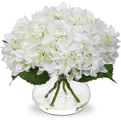 Oairse Artificial Flowers with 4 Hydrangeas in Glass Vase Artificial Hydrangea Flowers 3D Print Real Touch Artificial Flowers Like Real Hydrangeas for Wedding, Home, Hotel, Party, Floral Arrangement,