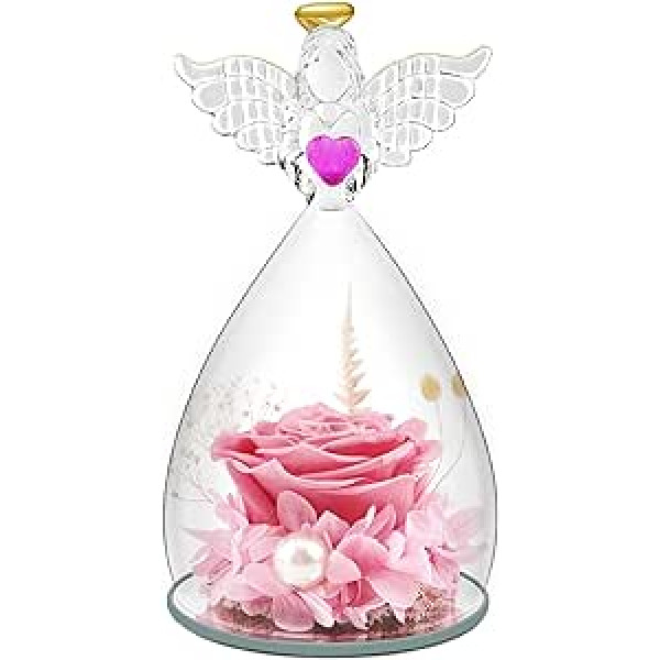 Eternal Rose in Glass Mother's Day Gift Angel Figure with Light, Mother Gifts for Mum Grandma, Handmade Mother's Day Eternal Flower Angel Wings, Gifts for Women Birthday Valentine's Day, Pink